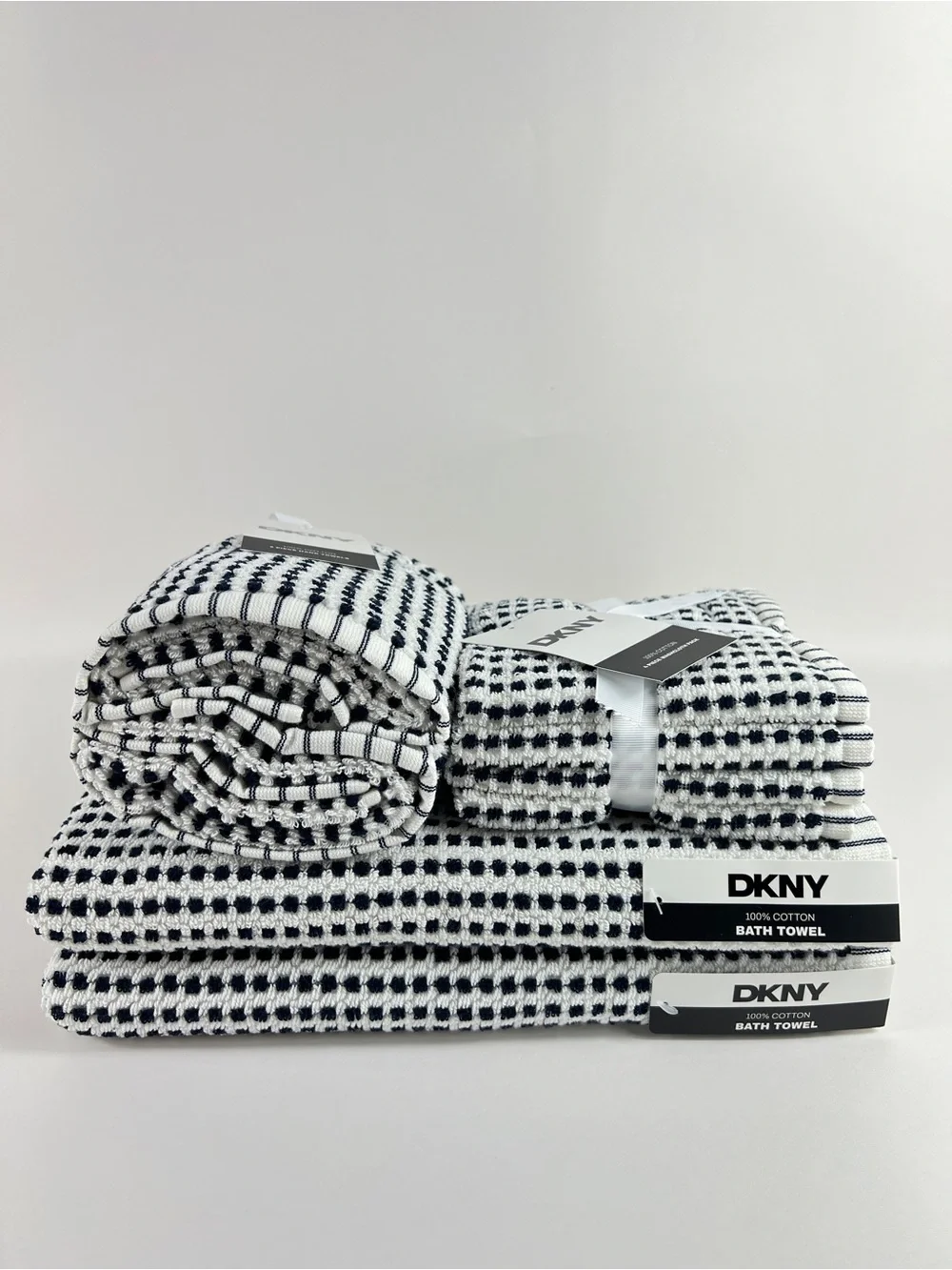 DKNY Bath Towel Set Black White Textured Dot 100% Cotton Super Soft 8 Pc NEW